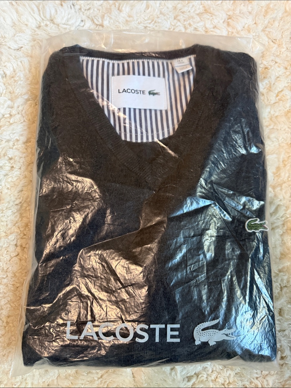 New - Lacoste Men’s Charcoal V-Neck Sweater with Crocodile Logo M